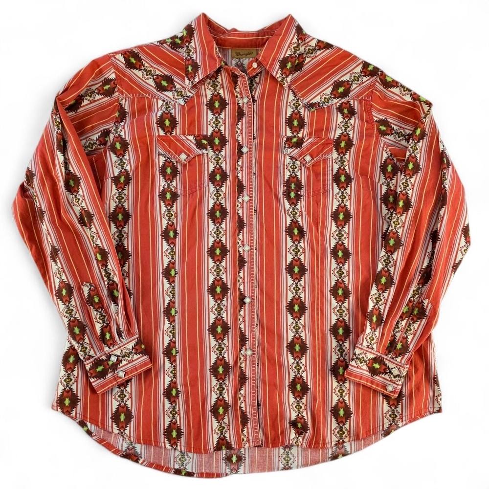 Wrangler Retro Women’s XXL Long Sleeve Pearl Snap Shirt Red Southwestern Aztec